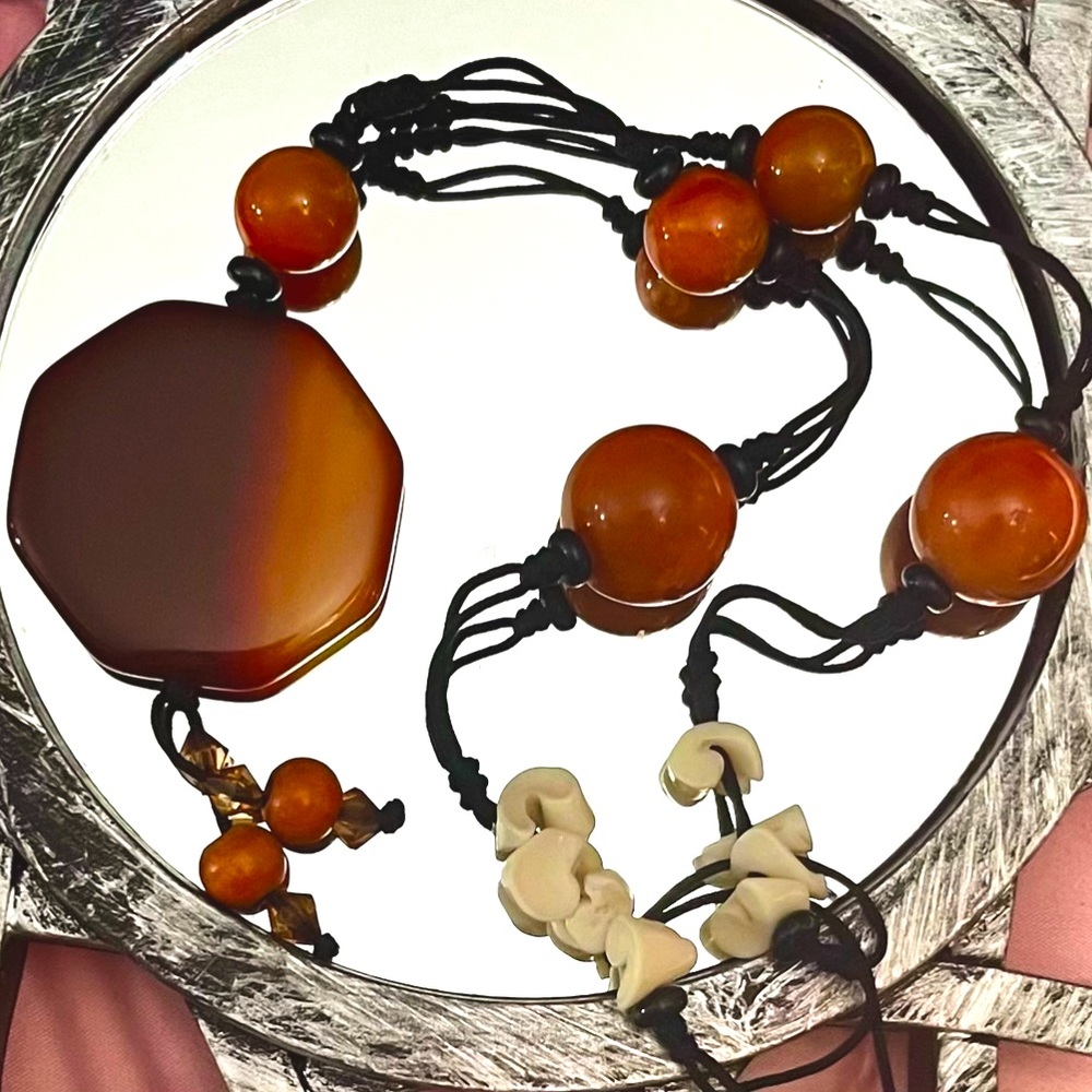 Long Pendant Cord Necklace Large Agate Look Pendant & Beads on Black Cord